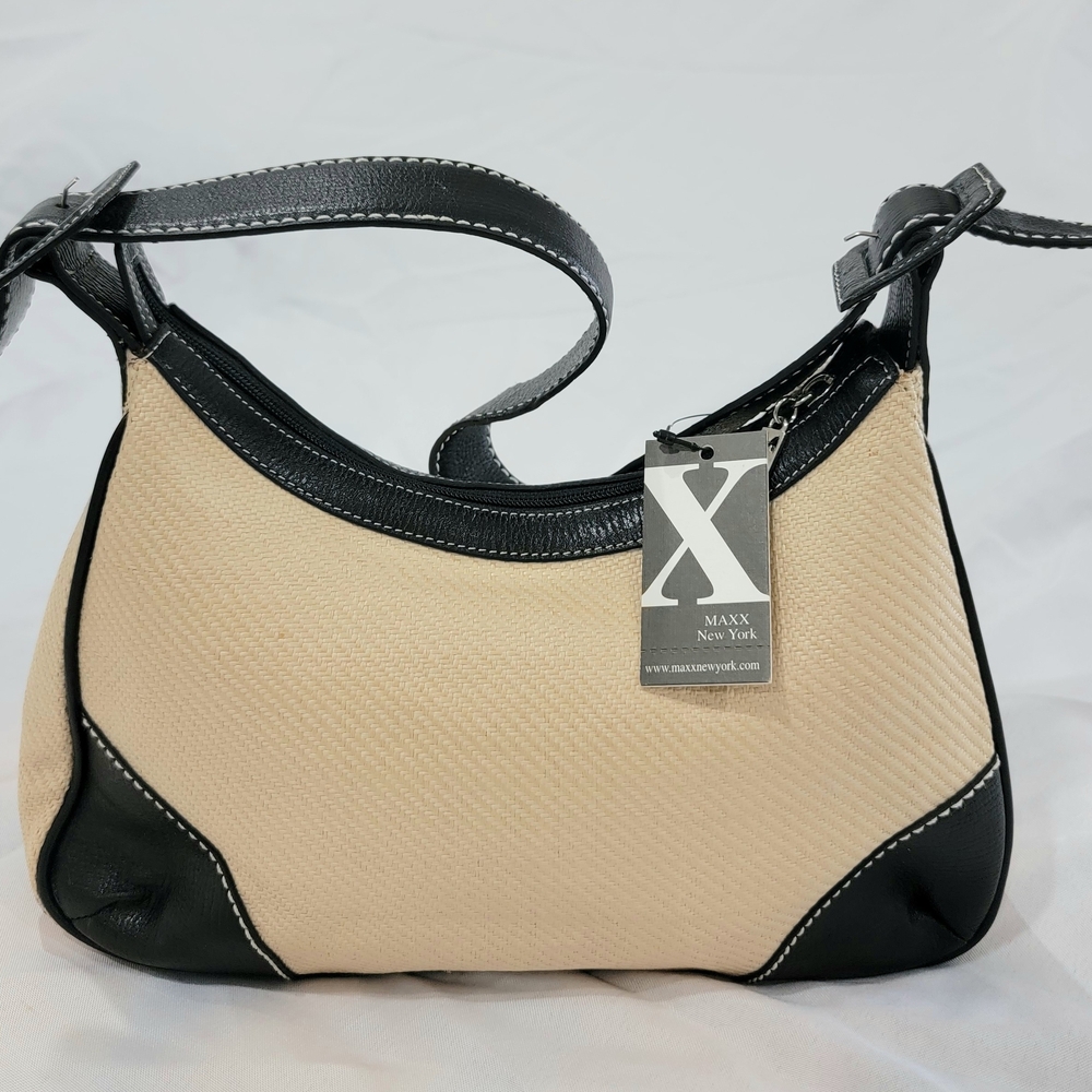 Vintage Maxx New York Baguette Handbag, Black Leather &‎ Tan Weave, Y2K Style".